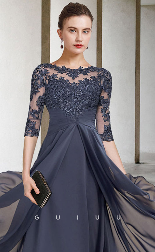 GM008 - Elegant A-Line Scoop Neck Long Sleeves Appliques  Floor Length Chiffon Formal Wedding Guest Mother of the Bride Dress