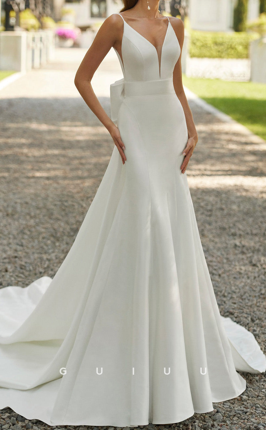 GW1029 - Elegant A-Line V Neck Straps Sleeveless Stain Wedding Dress with Bot and Train