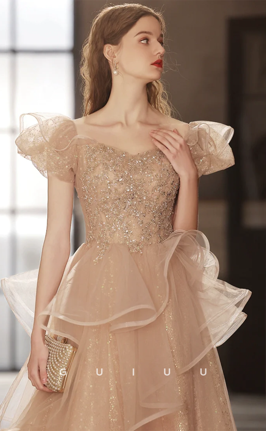 G4628 -  Elegant Champagne A-Line Off-Shoulder Tulle sequined Long Prom Dress