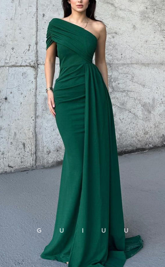 G3726 - Elegant Mermaid One Shoulder Pleated Long Prom Dress with Overlay