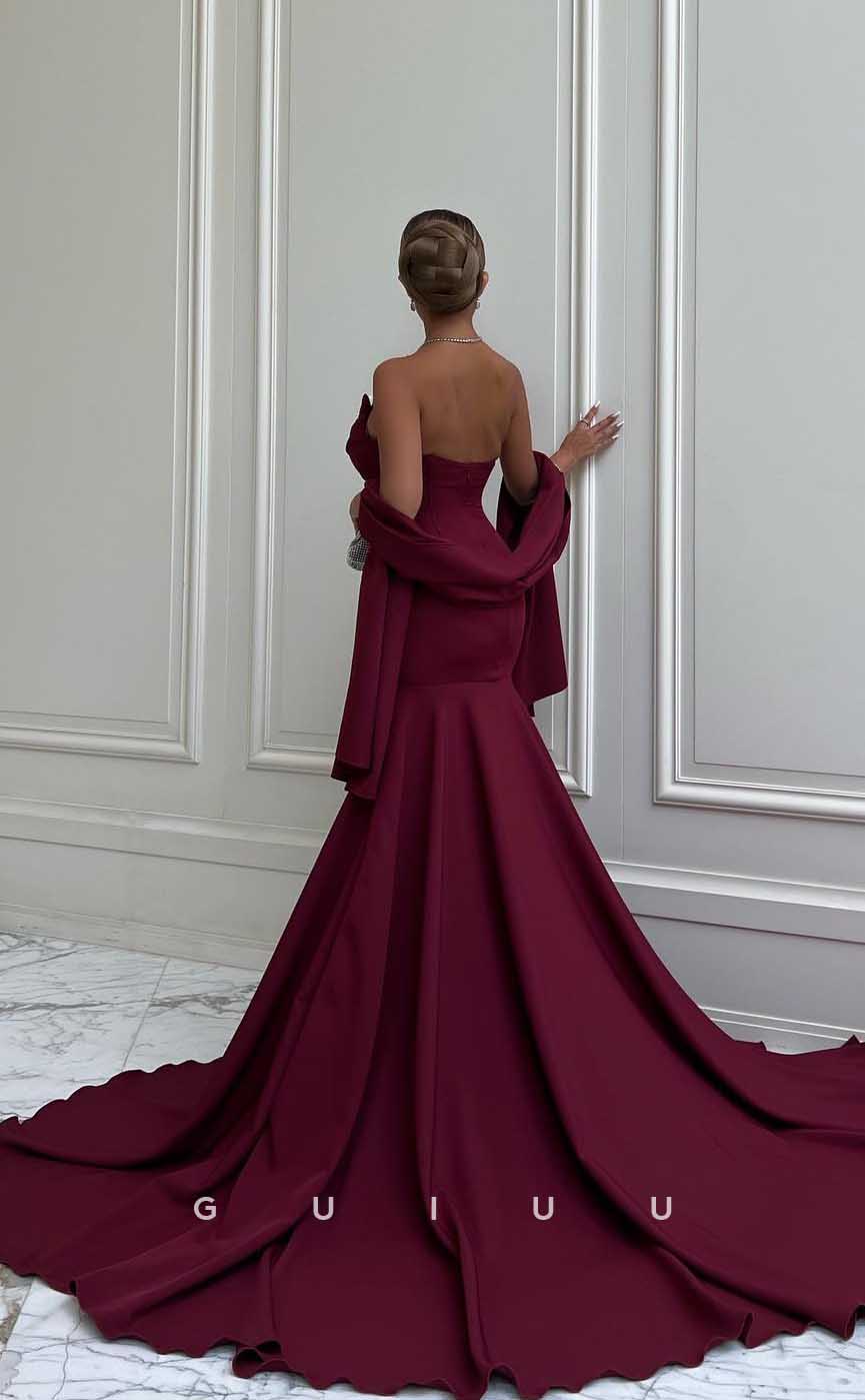 G4520 - Elegant Mermaid Sheath Boat Neck Wine Red Prom Evening Gown with Slit