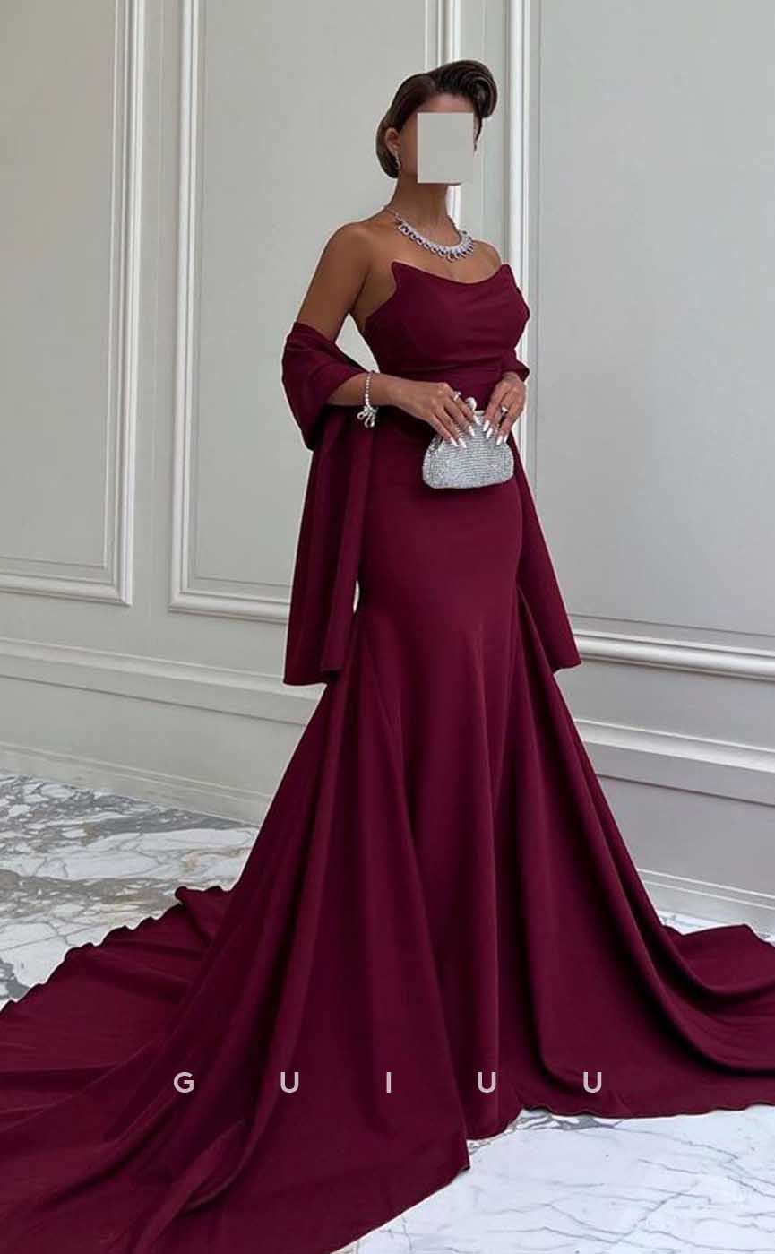 G4520 - Elegant Mermaid Sheath Boat Neck Wine Red Prom Evening Gown with Slit