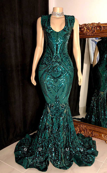 G4559 - Elegant Mermaid V Neck Fully Sequined Prom Dress with Train