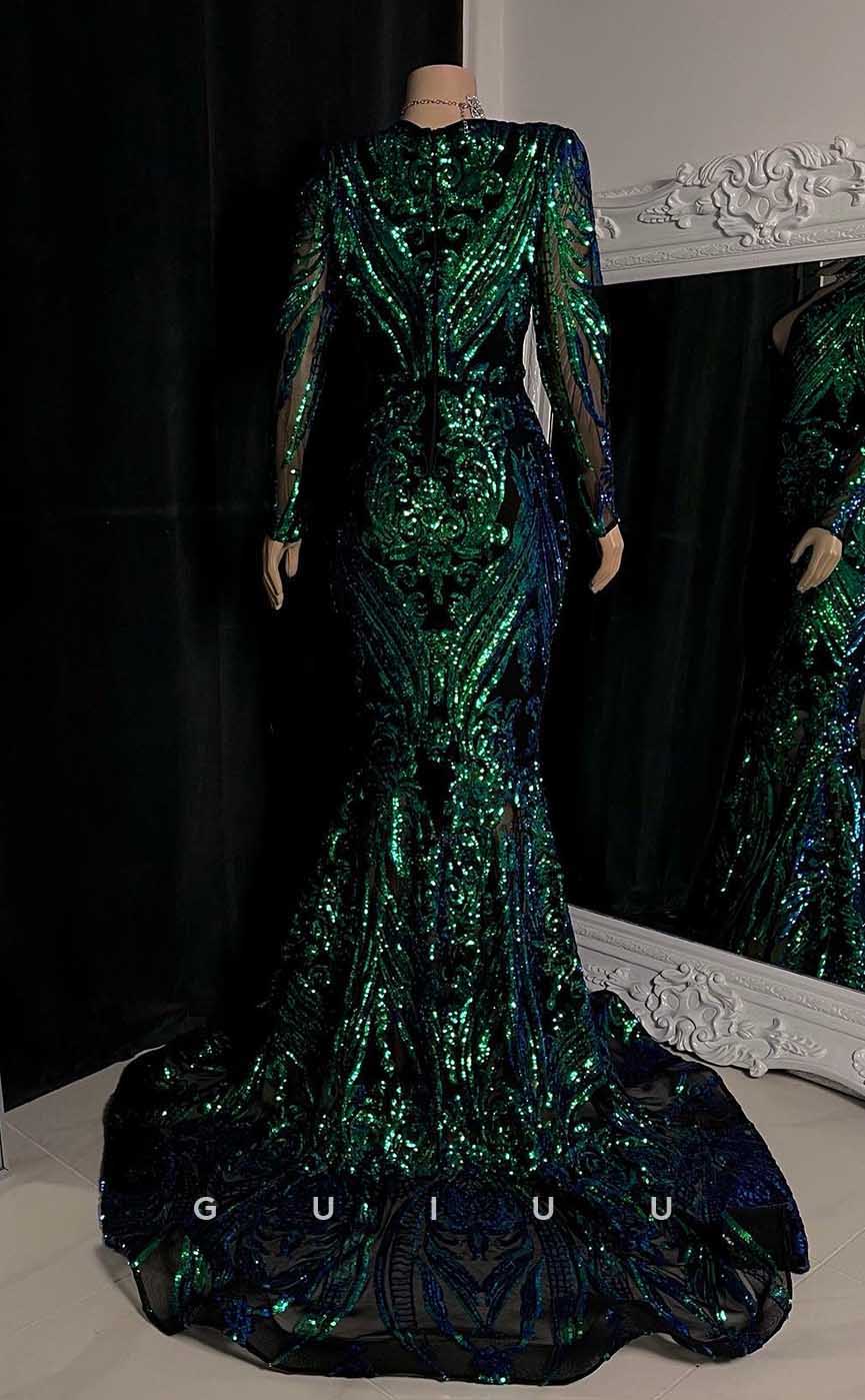 G4559 - Elegant Mermaid V Neck Fully Sequined Prom Dress with Train