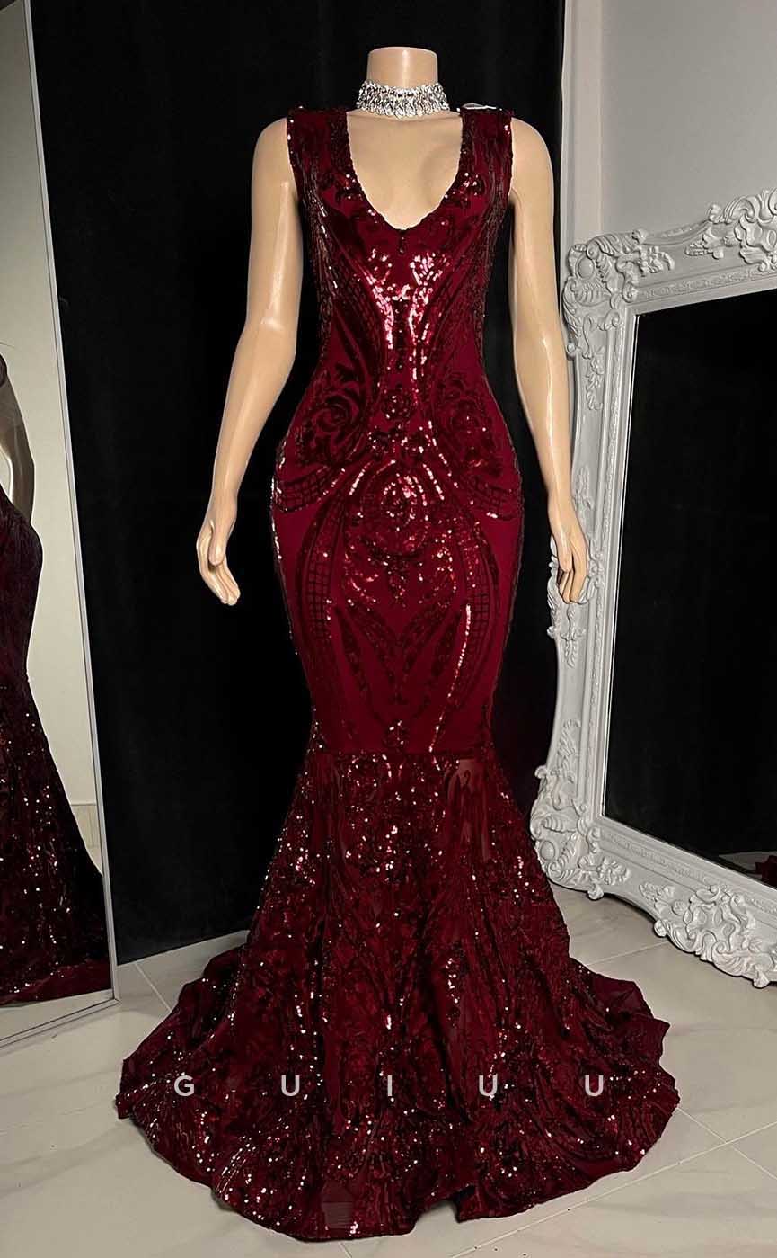 G4559 - Elegant Mermaid V Neck Fully Sequined Prom Dress with Train