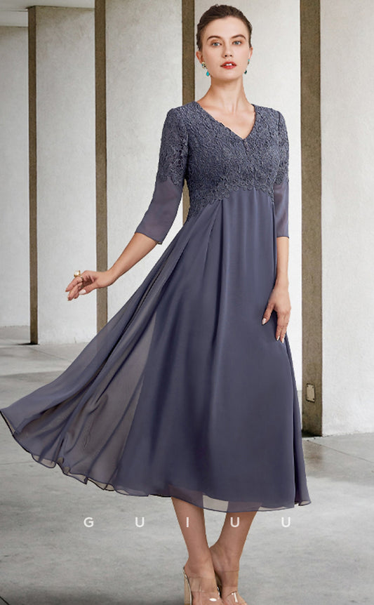 GM010 -  Elegant Plus Size A-Line V Neck 34 Sleeves Appliques Back Zipper Knee Legth Chiffon Mother of the Bride Dress