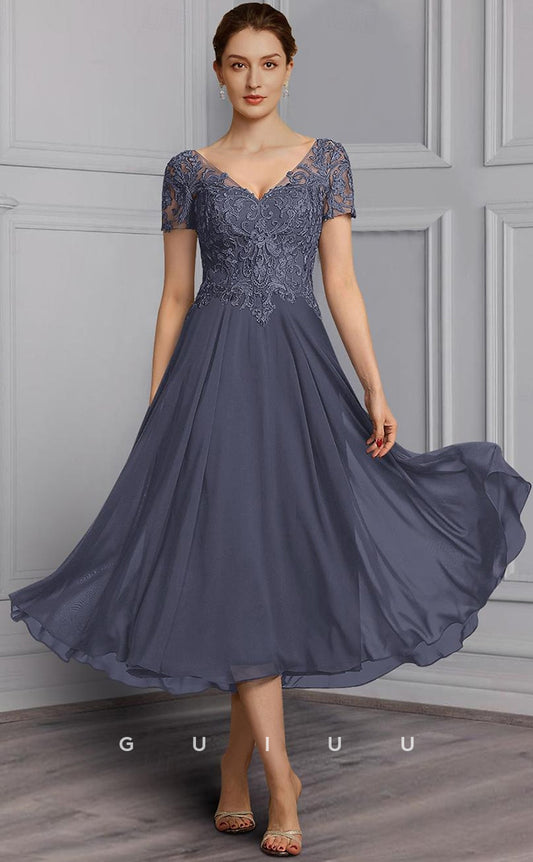 GM017 - Elegant Plus Size A-Line V Neck Short Sleeves Appliques Chiffon Mother of the Bride Dress