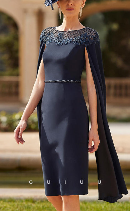 GM021 - Elegant Sheath Scoop Neck Knee Legth Stain Appliques Formal Wedding Guest Mother of the Bride Dress