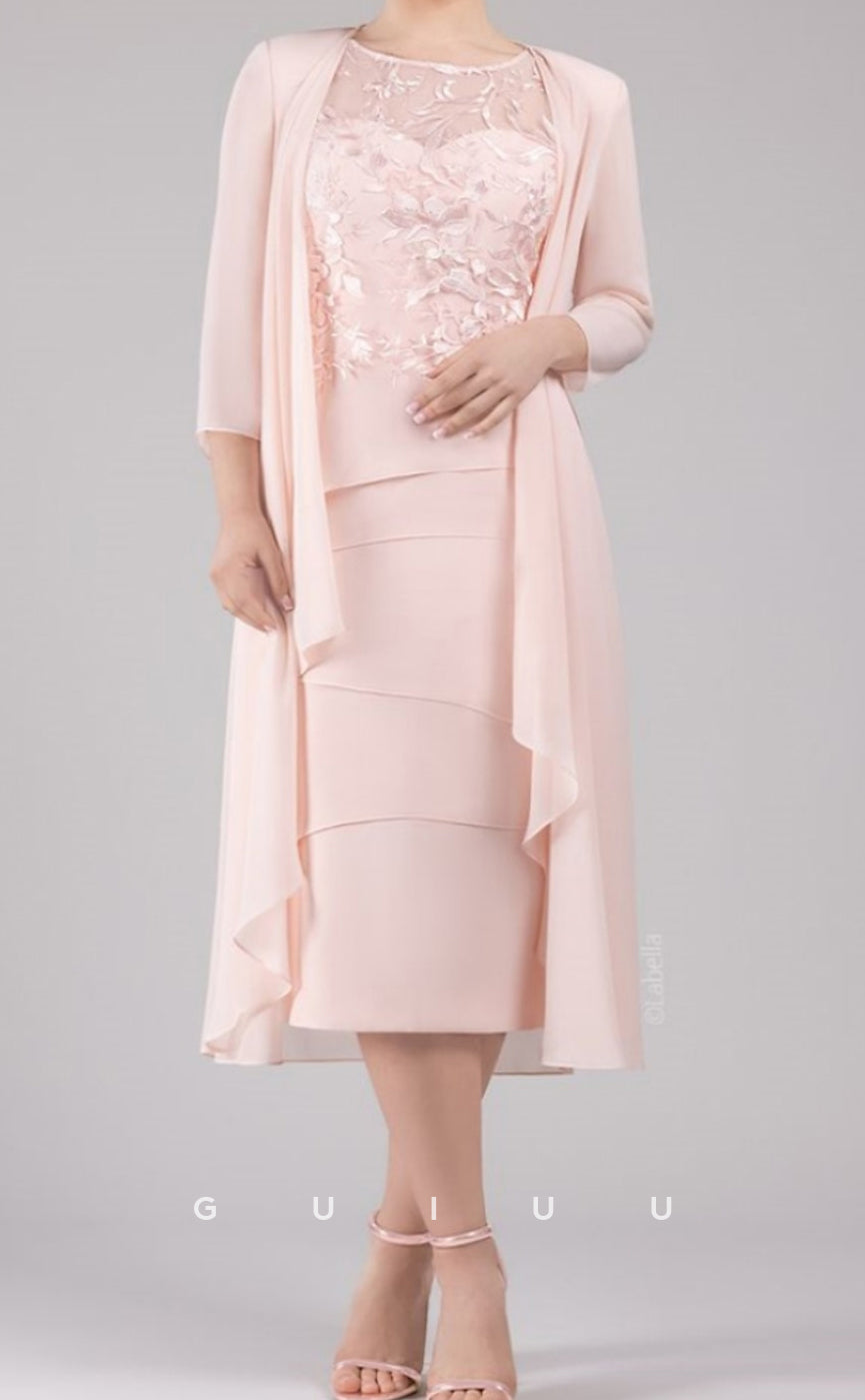 GM039 - Elegant Sheath Scoop Neck Knee Length 34 Length Sleeves Chiffon Mother of the Bride Dress Wedding Guest