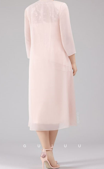 GM039 - Elegant Sheath Scoop Neck Knee Length 34 Length Sleeves Chiffon Mother of the Bride Dress Wedding Guest