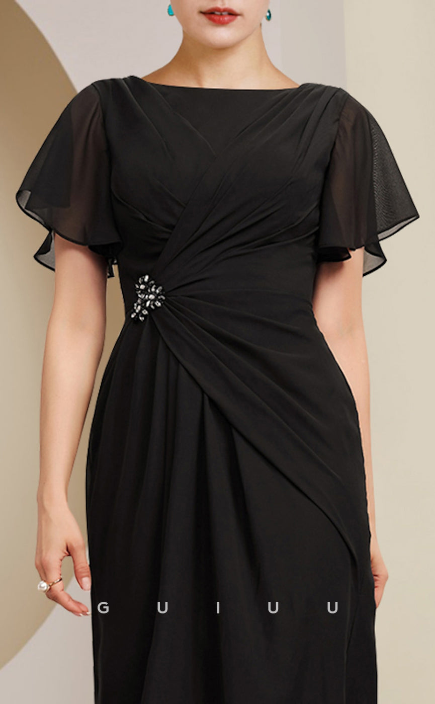 GM015 -  Elegant Sheath Scoop Neck Short Sleeves Ankle Length Chiffon Mother of the Bride Dress