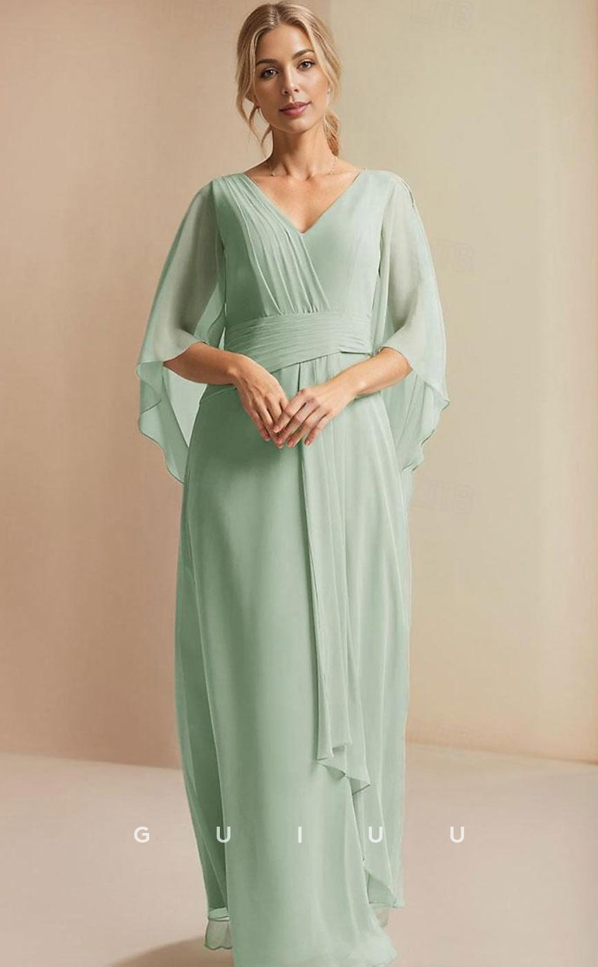 GM030 - Elegant Sheath V Neck Floor Length Wrap Chiffon Mother of the Bride Dress Formal Wedding Guest Gown