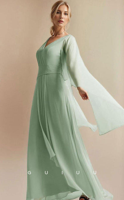 GM030 - Elegant Sheath V Neck Floor Length Wrap Chiffon Mother of the Bride Dress Formal Wedding Guest Gown