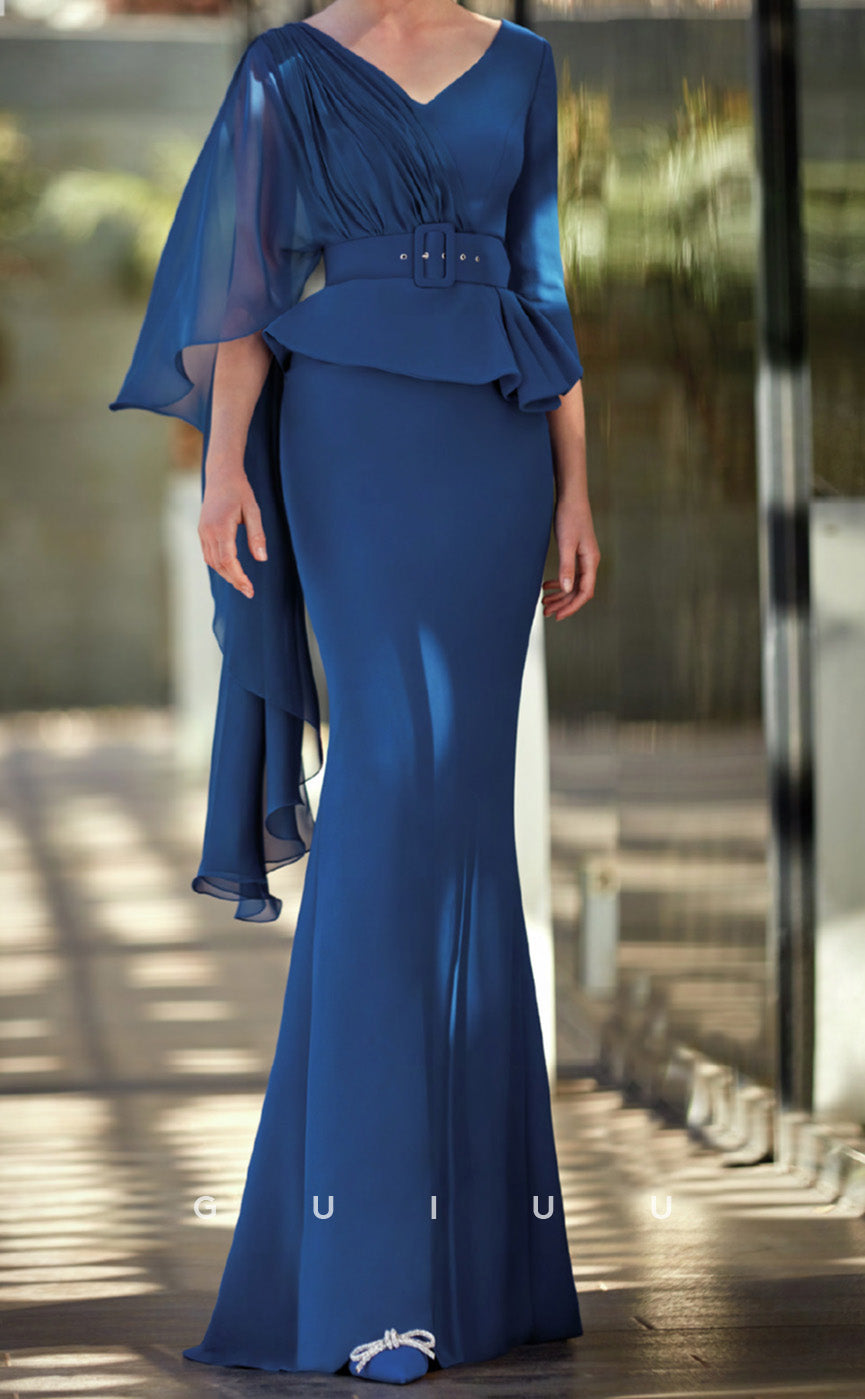 GM276 - Elegant Sheath V Neck Half Sleeves Pleated Ruched Long Cocktail Dress