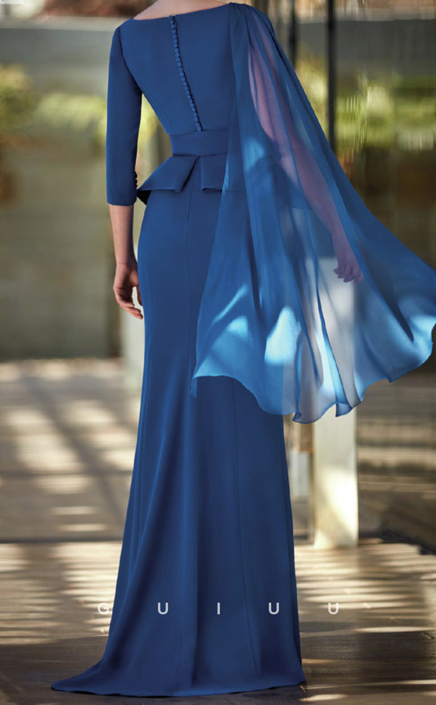 GM276 - Elegant Sheath V Neck Half Sleeves Pleated Ruched Long Cocktail Dress