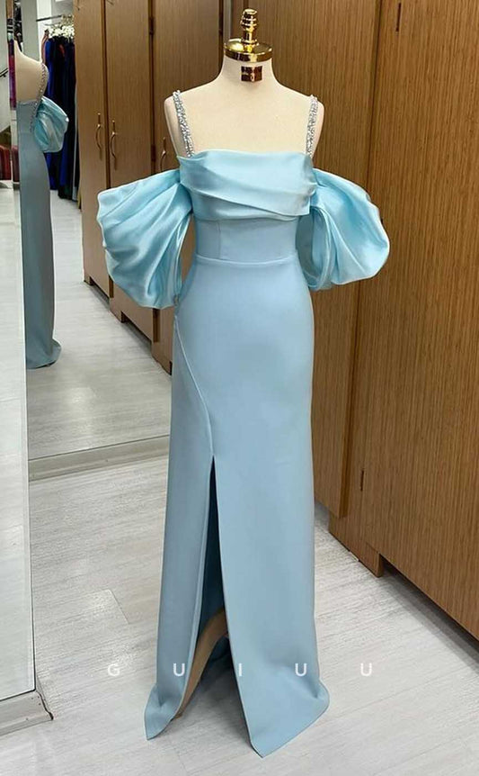 G4496 - Elegant & Glamorous Sheath Off-Shoulder Baby Blue Stain Ruched Crystal Straps Floor-Length Prom Party Dress