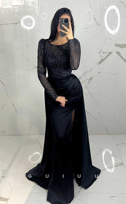 G4517 - Elegant & Luxurious Column Round Long SLeeves Black Ruched High Side Slit Sweep-Length Prom Evening Dress