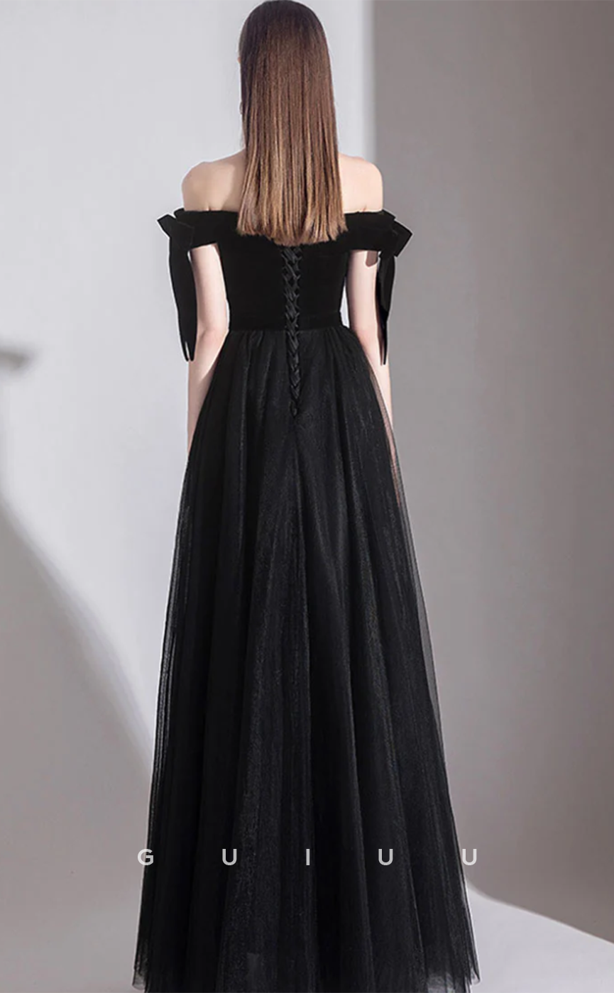 G4631 - Elegant & Timeless  A-Line Off-Shoulder Black Tulle Formal Prom Gown