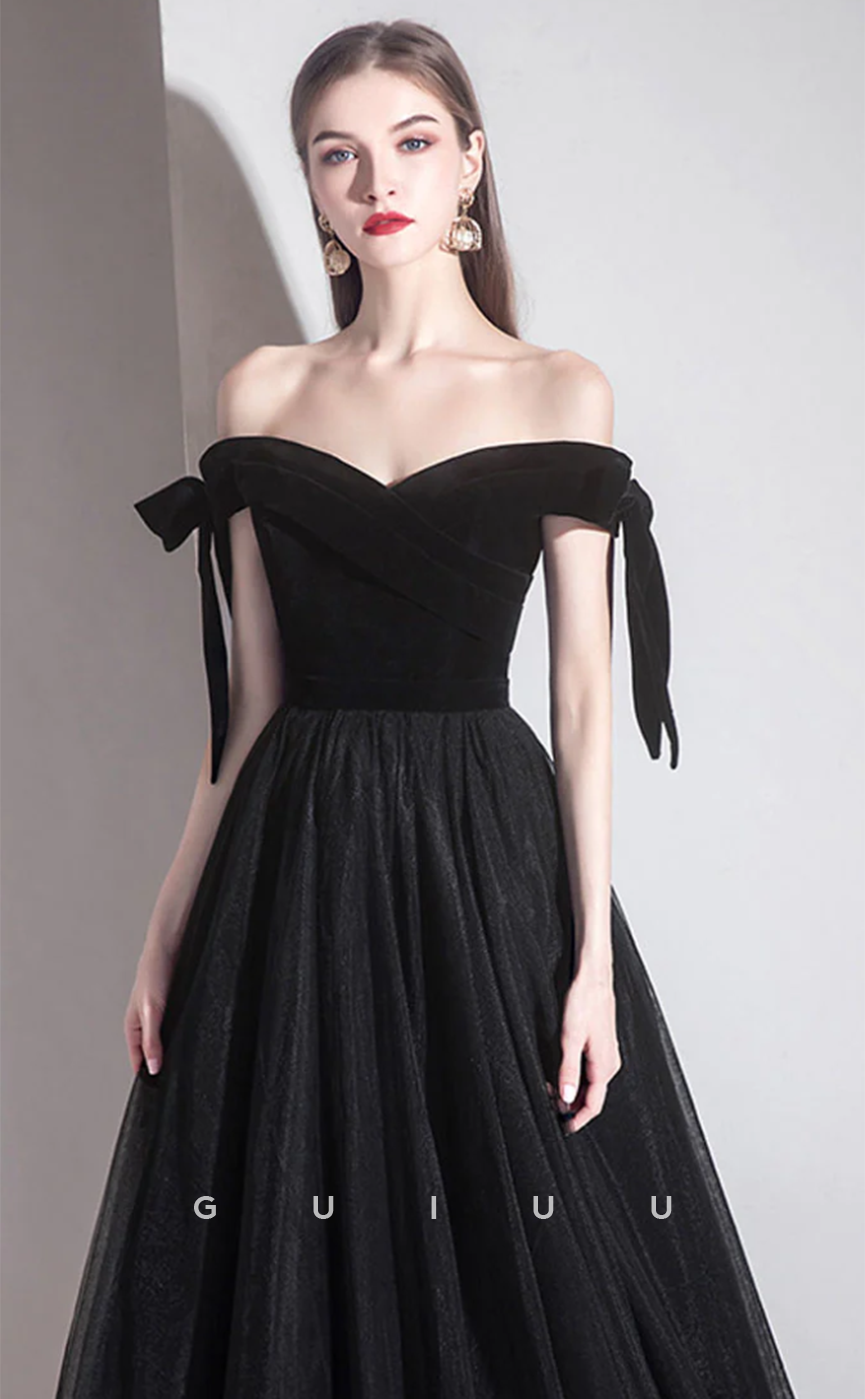 G4631 - Elegant & Timeless  A-Line Off-Shoulder Black Tulle Formal Prom Gown