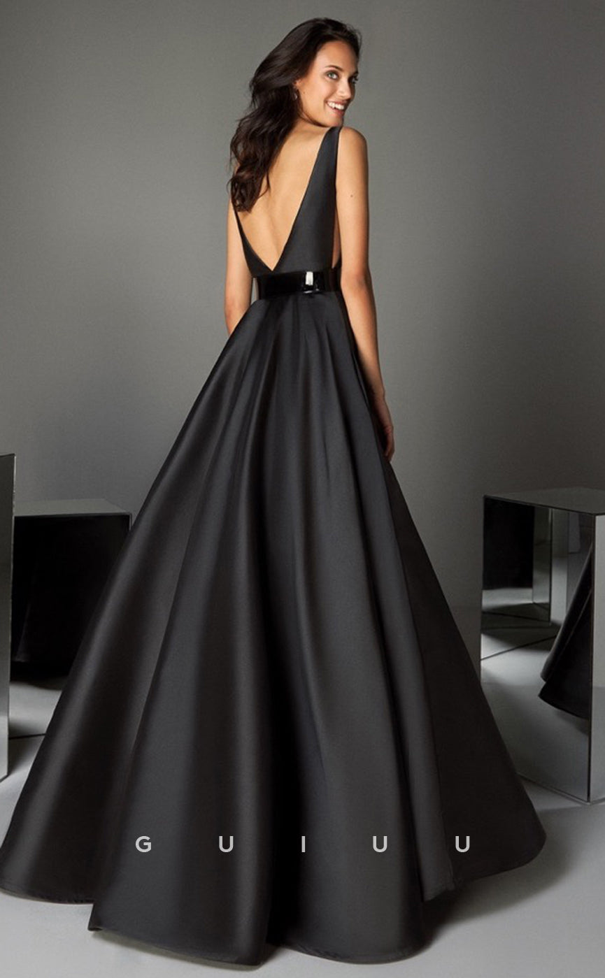 G4674 - Elegant & Timeless A-Line V Neck Straps Sleeveless Black Stain Prom Formal Dress