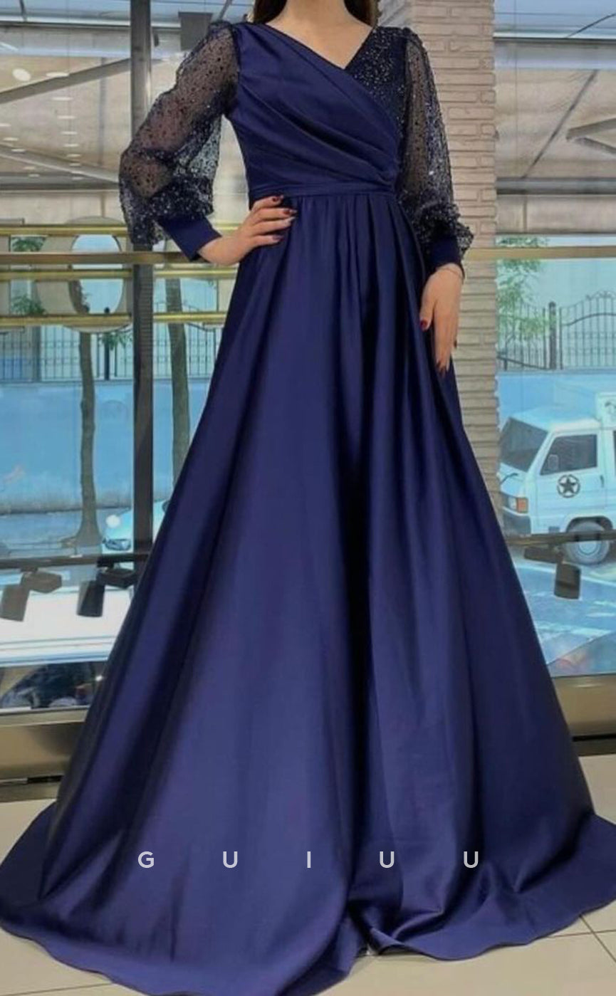 G3852 - Elegant & Timeless A-Line V Neck V Back Long Sleeves leated Long Prom Gown