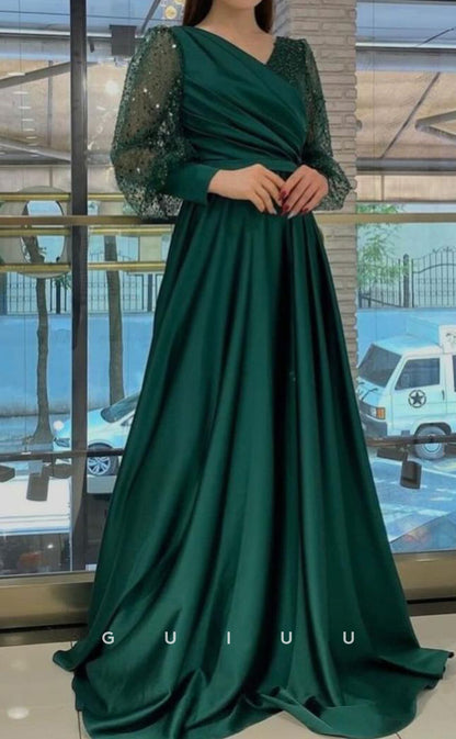 G3852 - Elegant & Timeless A-Line V Neck V Back Long Sleeves leated Long Prom Gown