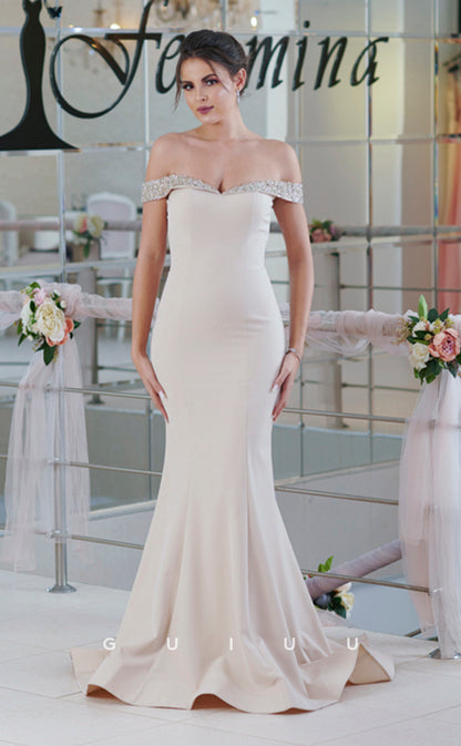 G4312 - Elegant & Timeless Mermaid Off Shoulder Sleeveless Stain Long Prom Gown with Court Train