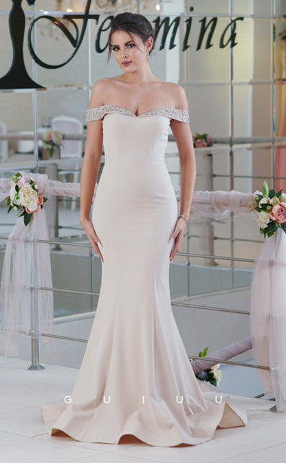 G4312 - Elegant & Timeless Mermaid Off Shoulder Sleeveless Stain Long Prom Gown with Court Train