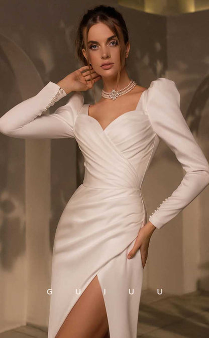 GW852 - Elegant & Timeless Sweetheart Long Sleeves Pleats Stain Beach Wedding Dress with Slit