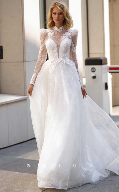 GW862 -  Formal High Neck Long Sleeves Lace Appliques Backless Wedding Dress