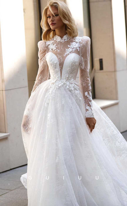 GW862 -  Formal High Neck Long Sleeves Lace Appliques Backless Wedding Dress