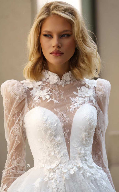 GW862 -  Formal High Neck Long Sleeves Lace Appliques Backless Wedding Dress