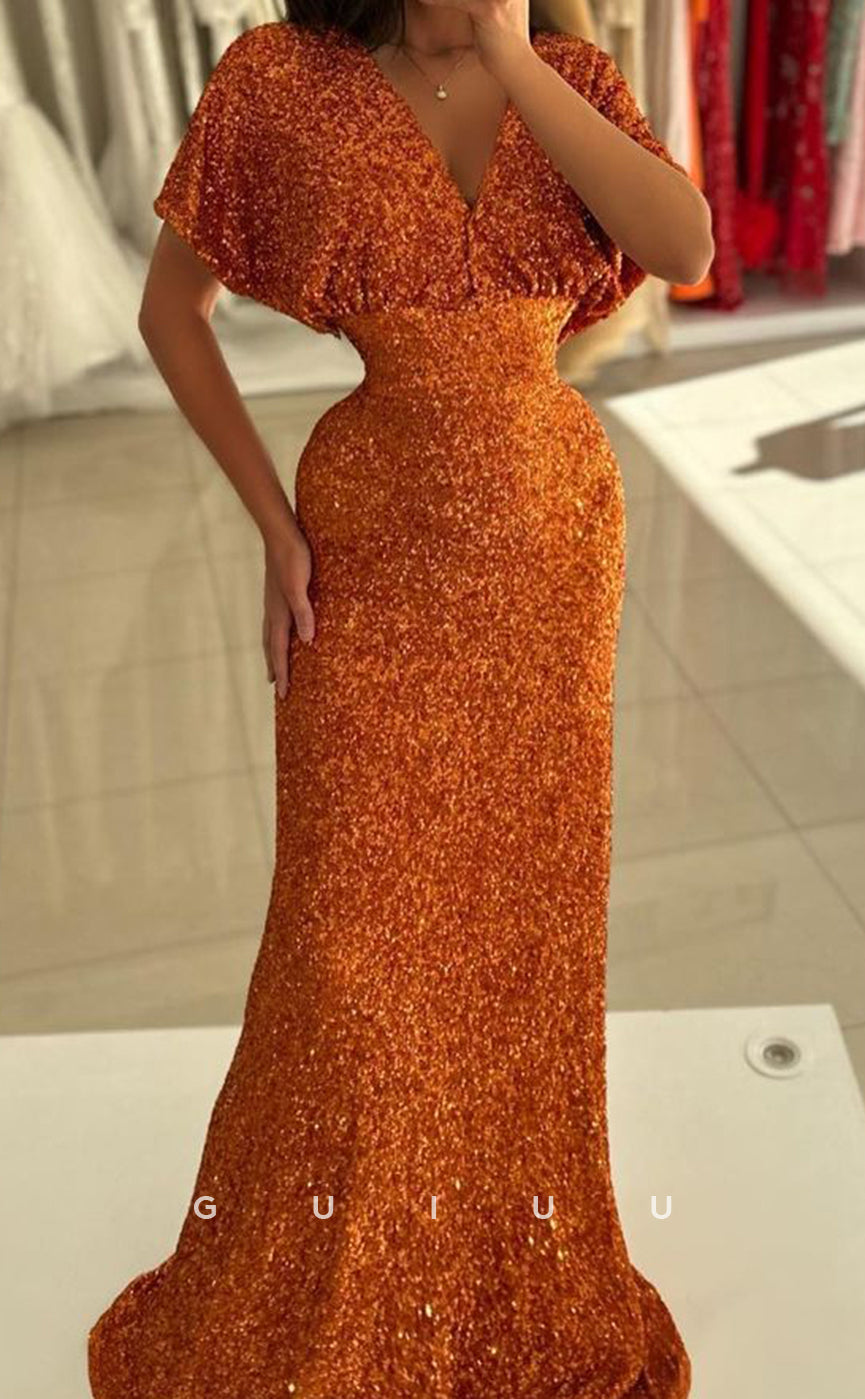 G4070 - Glamorous Mermaid V Neck Half Shoulder Fully Sequined Long Prom Party Dress