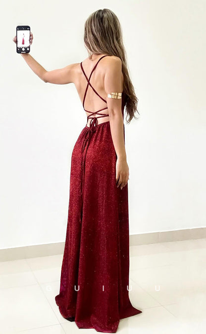 G3020 - Glamorous Sheath Straps Sleeveless Criss Cross Straps Wine Red Long Prom Dress with High Side Slit