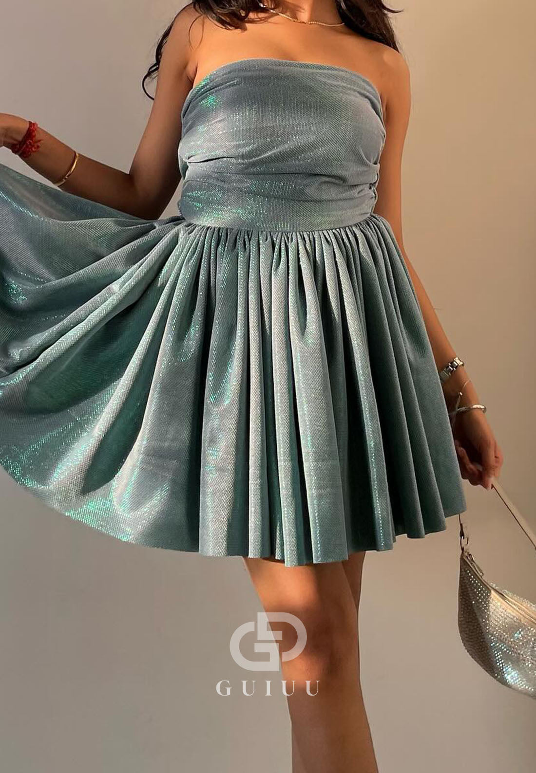 GH994 - Glitter A-Line Strapless Sleeveless Pleated Bow Knot Short Homecoming Dress