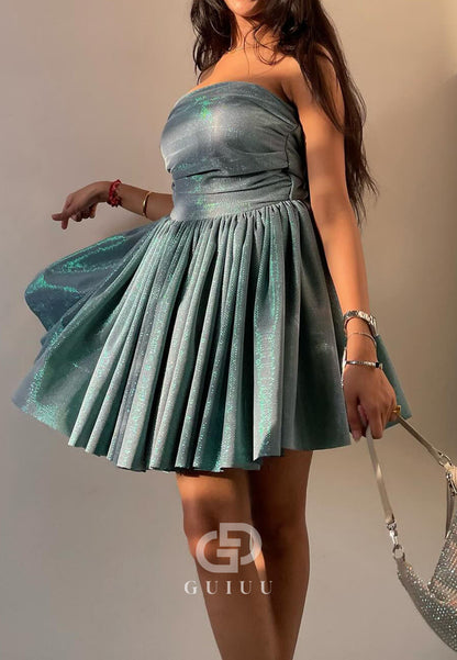 GH994 - Glitter A-Line Strapless Sleeveless Pleated Bow Knot Short Homecoming Dress