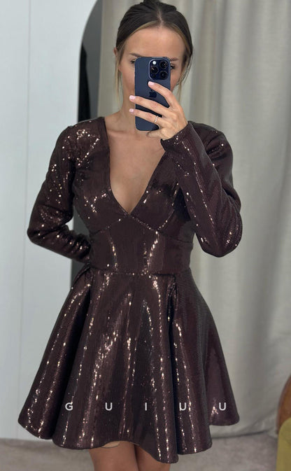 GH934 - Glitter A-Line V Neck Long Sleeves Fully Sequined Short Homecoming Dress