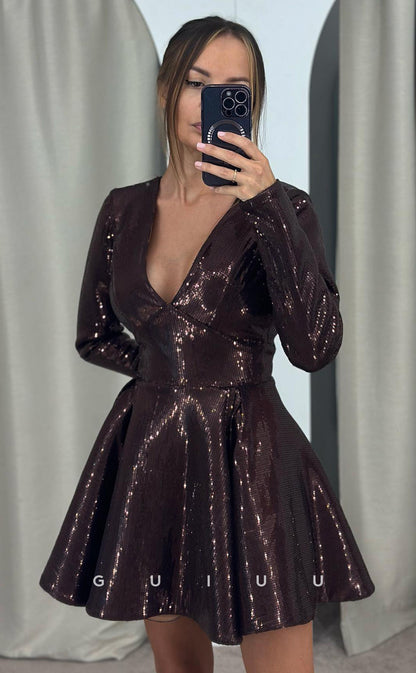 GH934 - Glitter A-Line V Neck Long Sleeves Fully Sequined Short Homecoming Dress