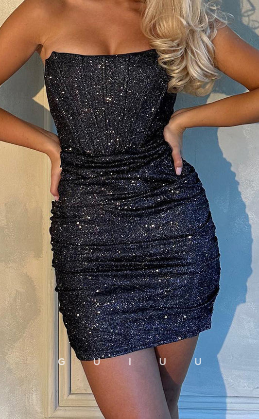 GH876 - Glitter Sheath Strapless Sleeveless Ruched Homecoming Party Dress