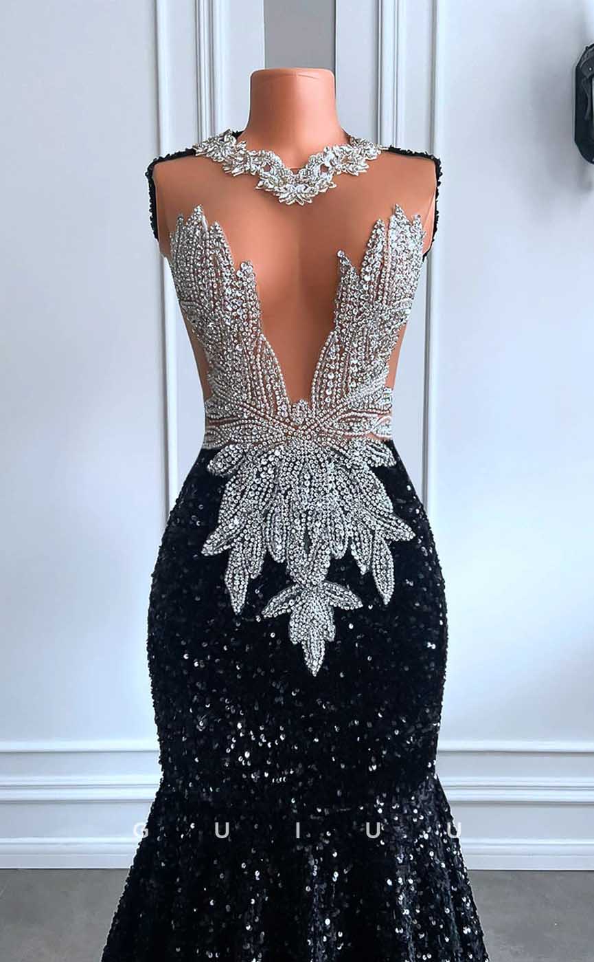 G4586 - Glitter & Glamorous Mermaid V N eck Sleeveless Crystal Sequined Prom Dress with Court Train