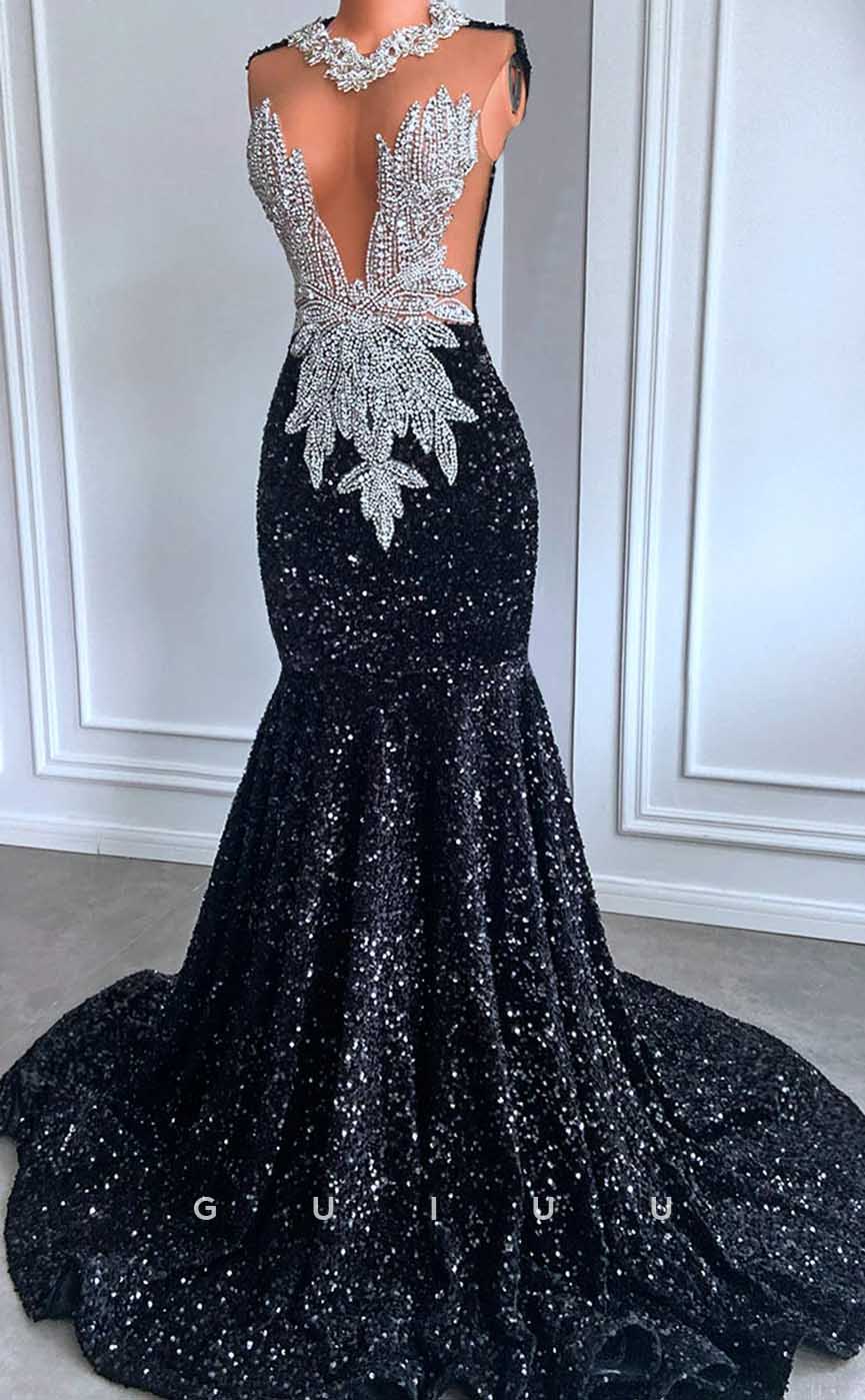 G4586 - Glitter & Glamorous Mermaid V N eck Sleeveless Crystal Sequined Prom Dress with Court Train