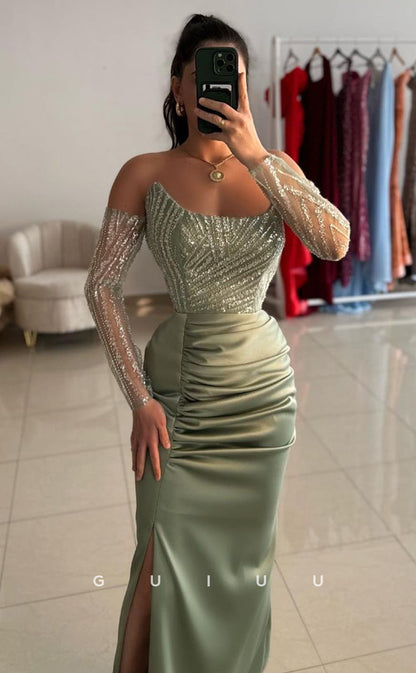 G3826 -  Mermaid Boat Neck Long Sleeves Pleated Appliques Long Prom Dress with Slit