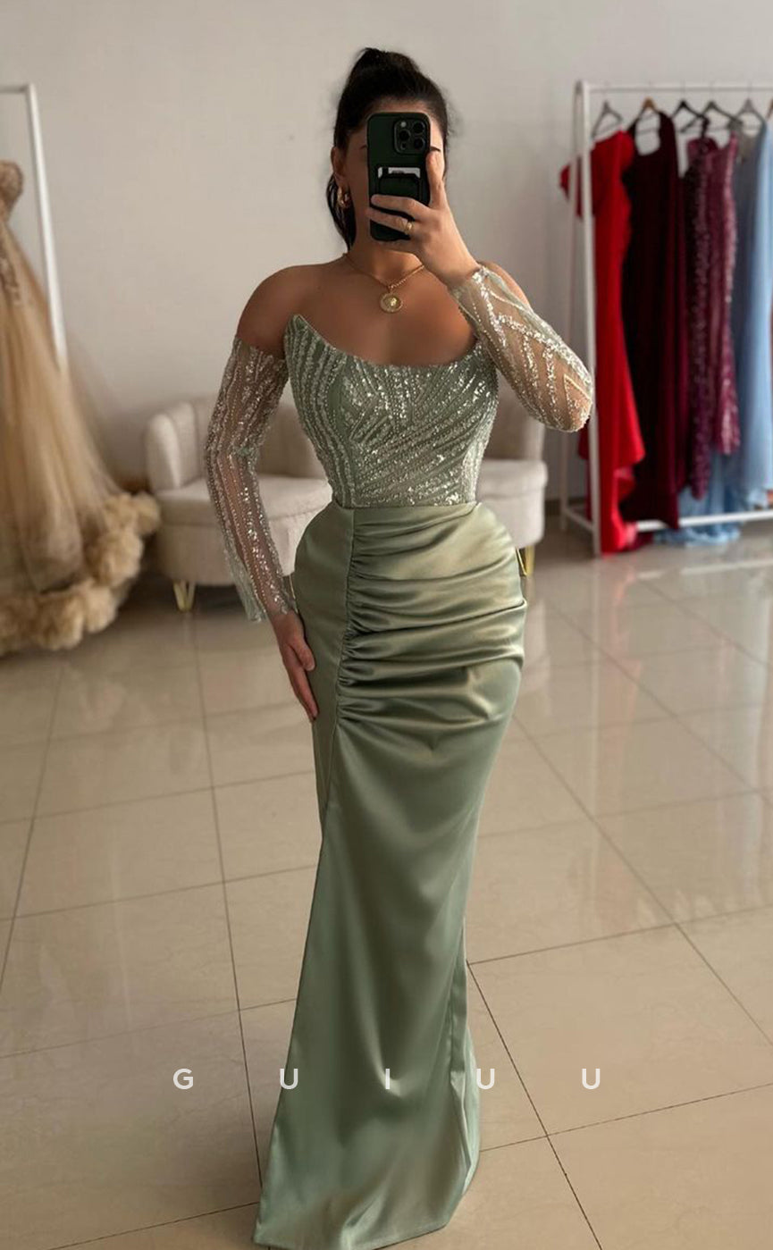 G3826 -  Mermaid Boat Neck Long Sleeves Pleated Appliques Long Prom Dress with Slit