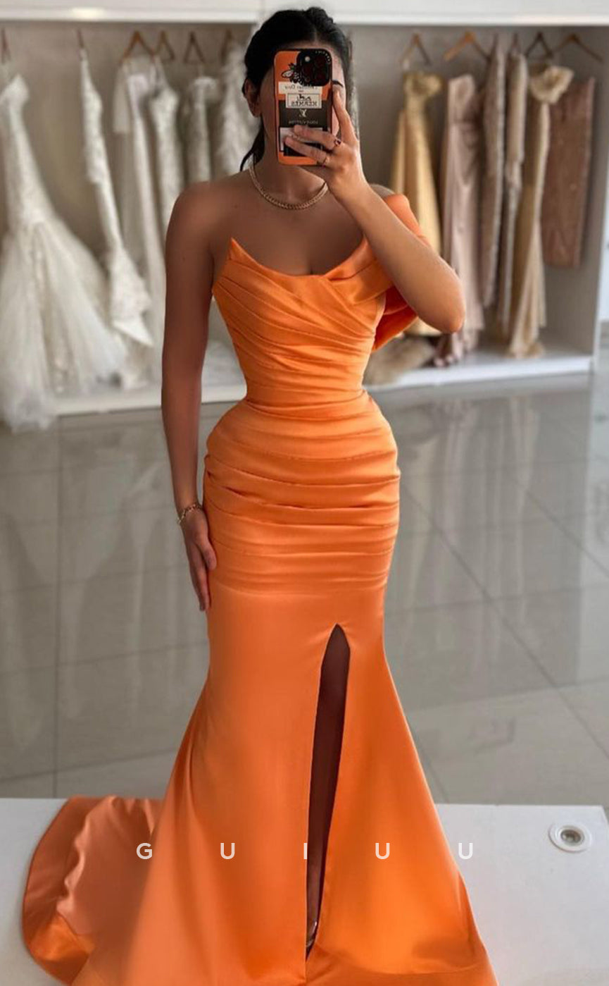 G4144 - Mermaid Boat Neck Sleeveless Pleated Long Prom Party Dress with Slit and Tain