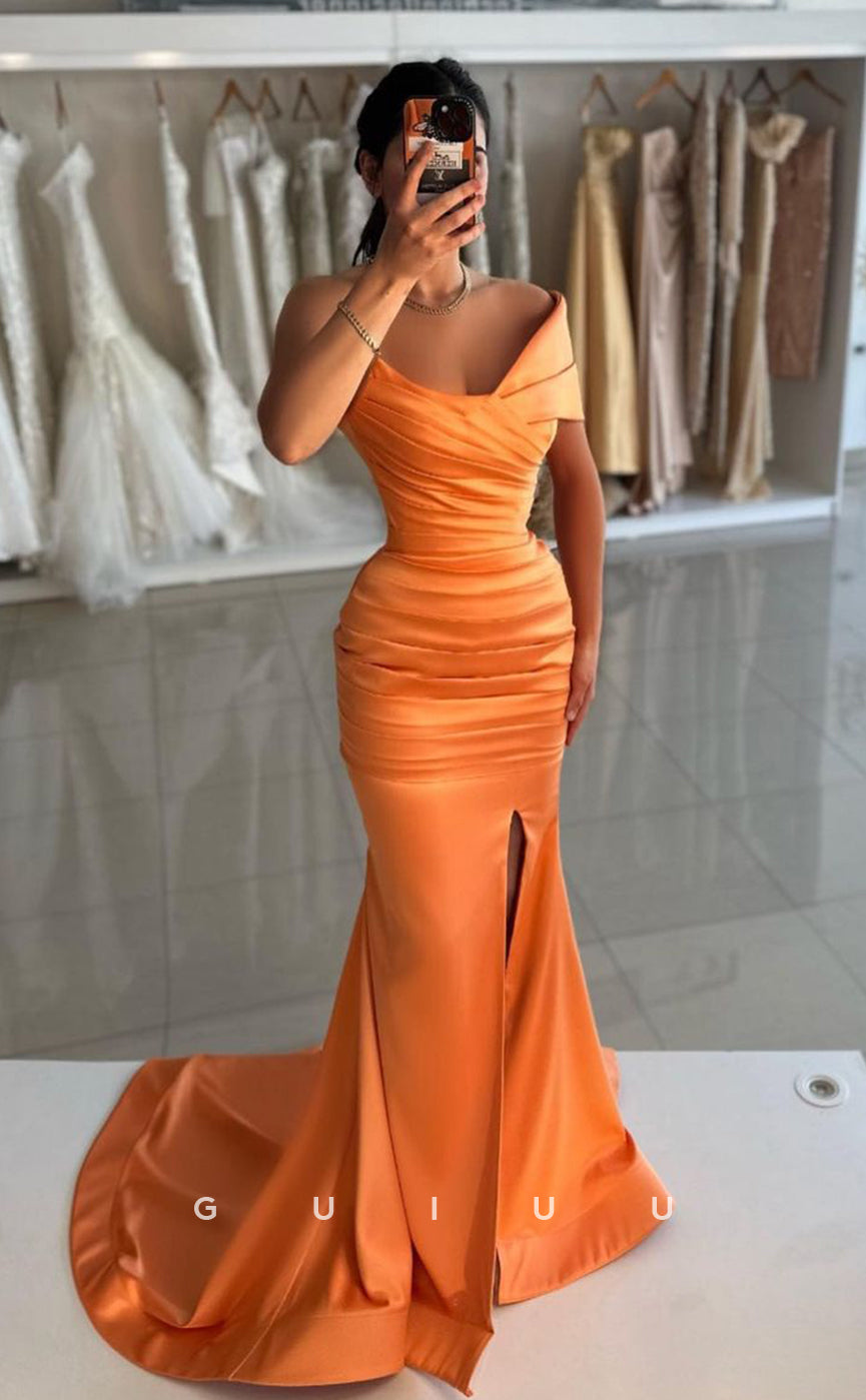 G4144 - Mermaid Boat Neck Sleeveless Pleated Long Prom Party Dress with Slit and Tain