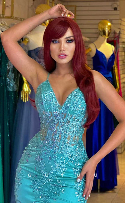 G4459 - Mermaid Column V N eck Halter Alliques Long Party Prom Dress for Black Girl Slay