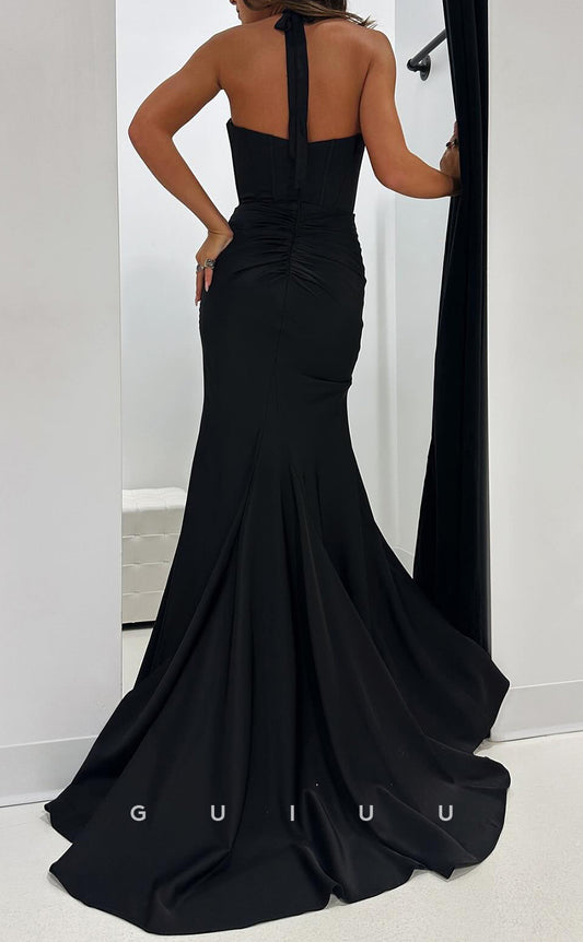 G3824 -  Mermaid Halter Sleeveless Black Long Prom Dress with High Side Slit and Train