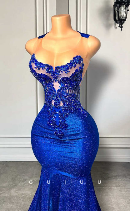 G4591 -  Mermaid Illsion Appliques Sleeveless Court Train Prom Evening Dress