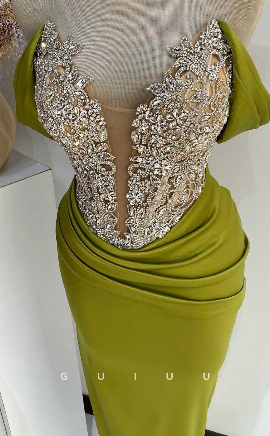 G4543 - Mermaid Off-Shoulder Green Pleats Crystals Prom Formal Dress