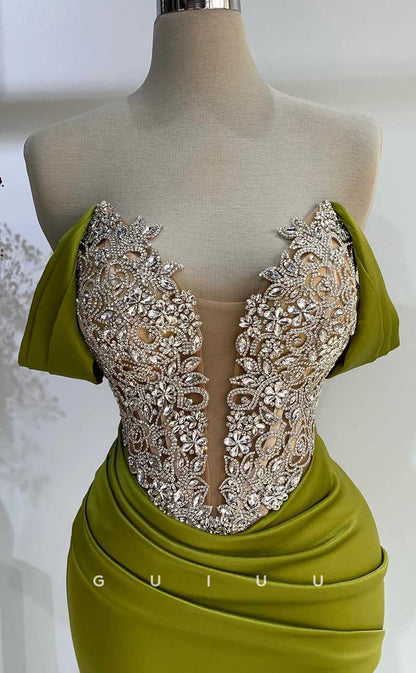 G4543 - Mermaid Off-Shoulder Green Pleats Crystals Prom Formal Dress